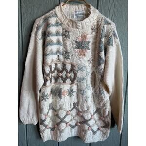 Vintage 90s Hand-Knit Patchwork Sweater Cottagecore Medium